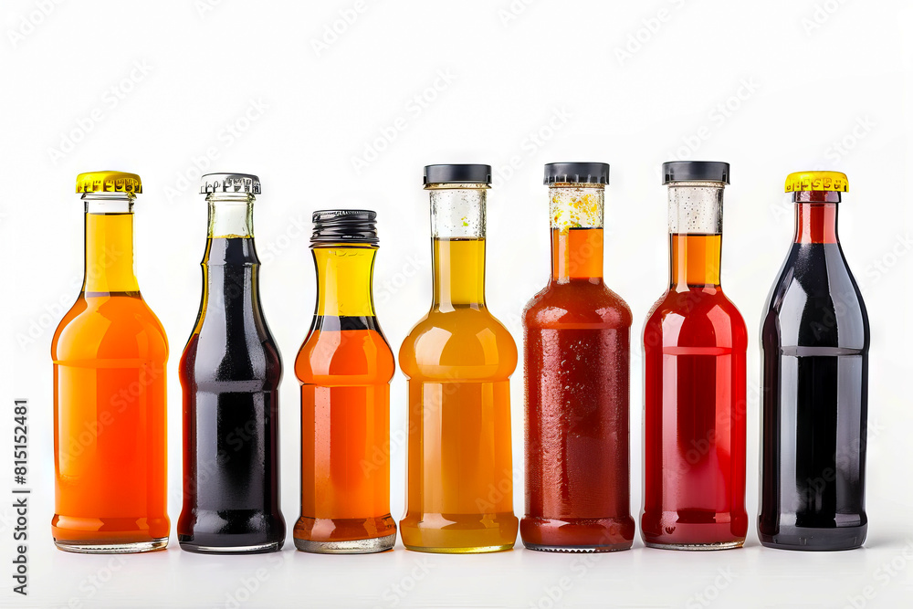 A row of bottles with different colored liquids. A row of bottles with different colored liquids.