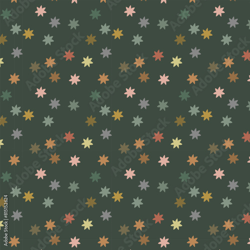 Abstract vintage repeat pattern of colorful confetti stars on khaki background