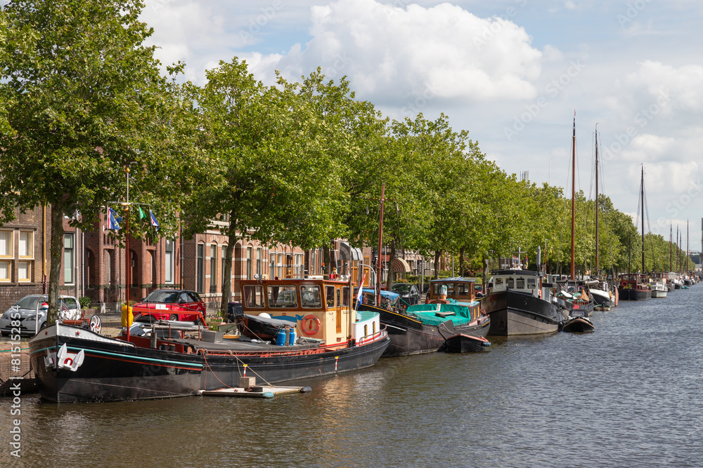 Boats along the quay in Leeuwarden in Friesland.