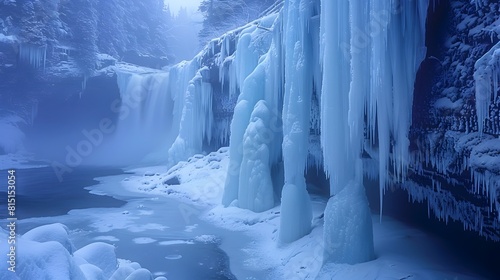 Frozen Winter Waterfall Majestic Pillars of Pristine Ice Formations in Canada © Sawitree