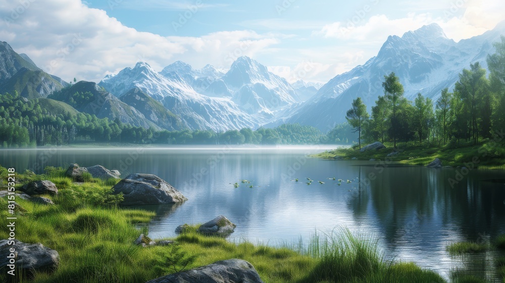 Fototapeta premium A lake reflecting the sky with majestic mountains in the backdrop