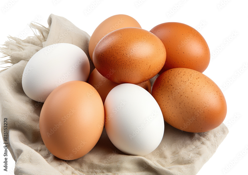 white and brown eggs on cloth, isolated white and brown eggs on cloth, isolated