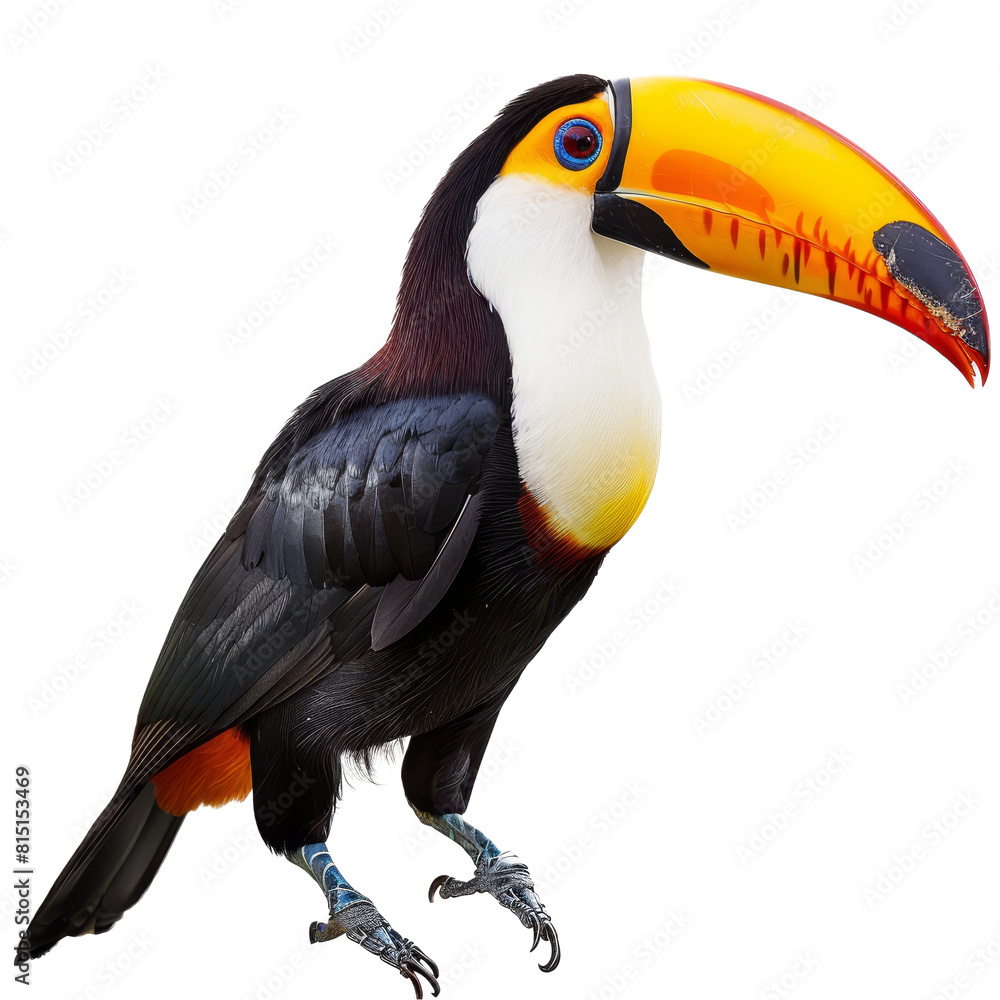 Fototapeta premium Brightly colored toucan toco bird standing on a plain Png background, a Toucan toco bird, colored bird with big beak, transparent background Isolated