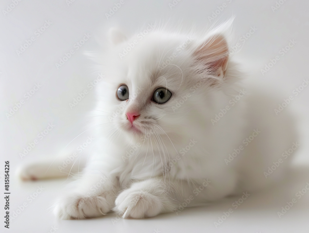 A white kitten is sitting on a table.