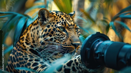 A leopard is taking a picture with a camera in the jungle.

 photo