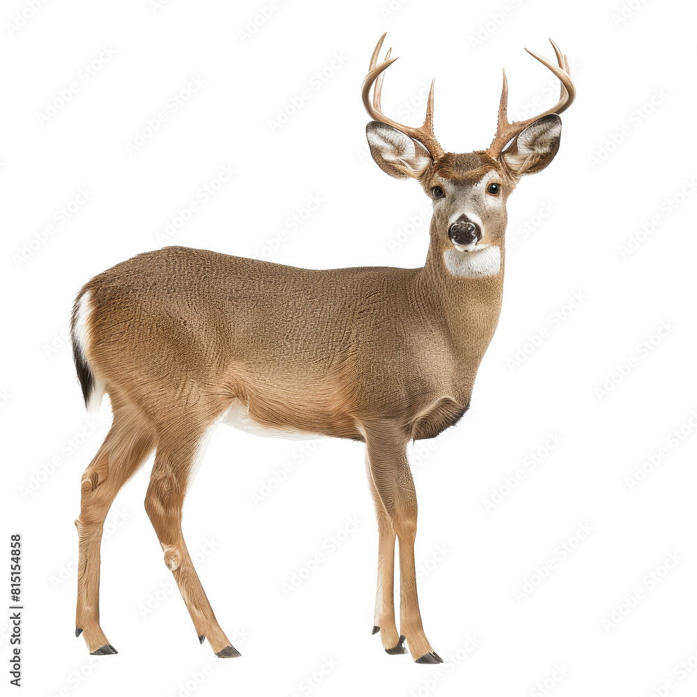 A white tailed deer is standing in front of a Png background, a white-tailed deer isolated on transparent background A white tailed deer is standing in front of a Png background, a white-tailed deer isolated on transparent background