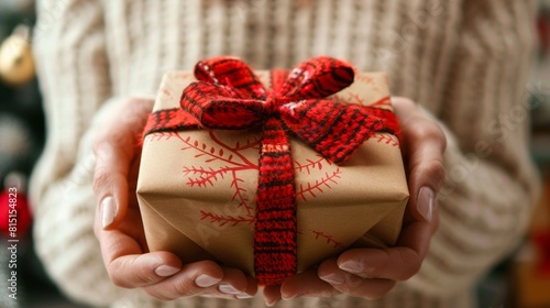 Closeup of a woman's hands holding a beautifully wrapped gift with a red bow