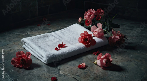 a white towel and a bouquet of red peonies on the stone floor