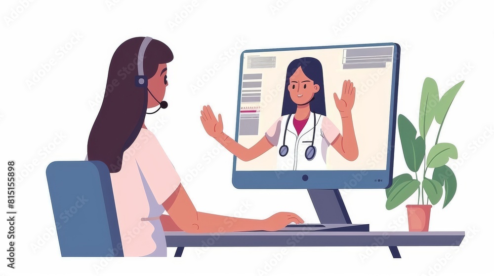 In this video clip a patient greets her remote doctor via video call. A woman sits in front of the computer and waves her hand to welcome her. Telemedicine concept. In this video clip a patient greets her remote doctor via video call. A woman sits in front of the computer and waves her hand to welcome her. Telemedicine concept.