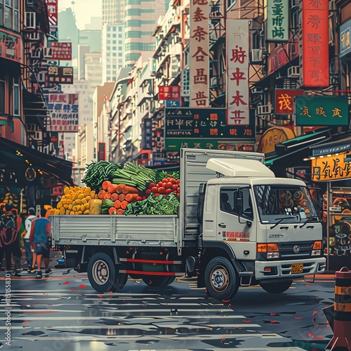 This image showcases a realistic food delivery truck in action, capturing the essence of modern urban logistics and food transportation.