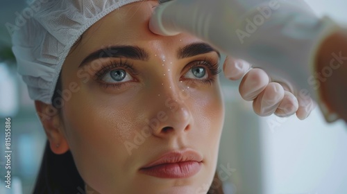 A beauty specialist injects a neurotoxin or dermal filler into crow's feet or upper lids. A close-up of a woman's head and the doctor's hands in gloves. Concept for treating cosmetic wrinkles around photo