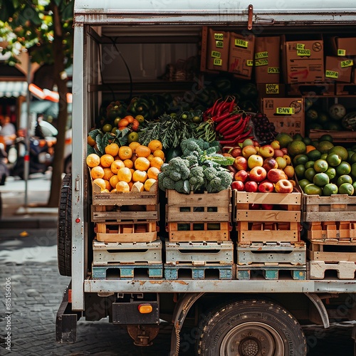 This image showcases a realistic food delivery truck in action, capturing the essence of modern urban logistics and food transportation. photo