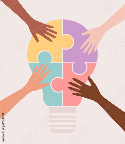 Hands of people of different nationalities putting together colorful pieces of puzzle in the shape of a lightbulb. Vector flat illustration