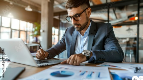 The businessman works at his desk with a laptop and papers on his desk. An erect man in formal clothing and glasses analyzes data and takes notes at work.