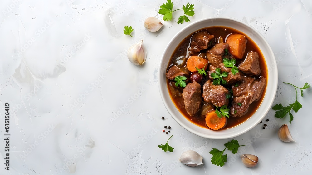 Warm Dish of Low-Carb Beef Bourguignon in White Bowl, Hearty and Nutritious Stew, Top-Down View, Perfect for Cold Weather, Rich and Flavorful Comfort Food Warm Dish of Low-Carb Beef Bourguignon in White Bowl, Hearty and Nutritious Stew, Top-Down View, Perfect for Cold Weather, Rich and Flavorful Comfort Food