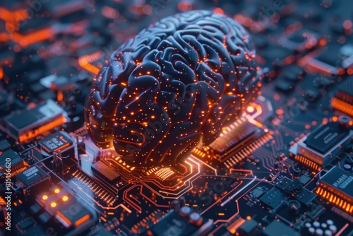 A computer chip with a brain on it. Brain glows orange futuristic concept
