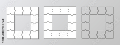 Puzzle square grid solid and outline. Jigsaw puzzle business presentation. Square info graphic with 12 pieces, parts of process diagram. Business presentation for infographics. Vector illustration