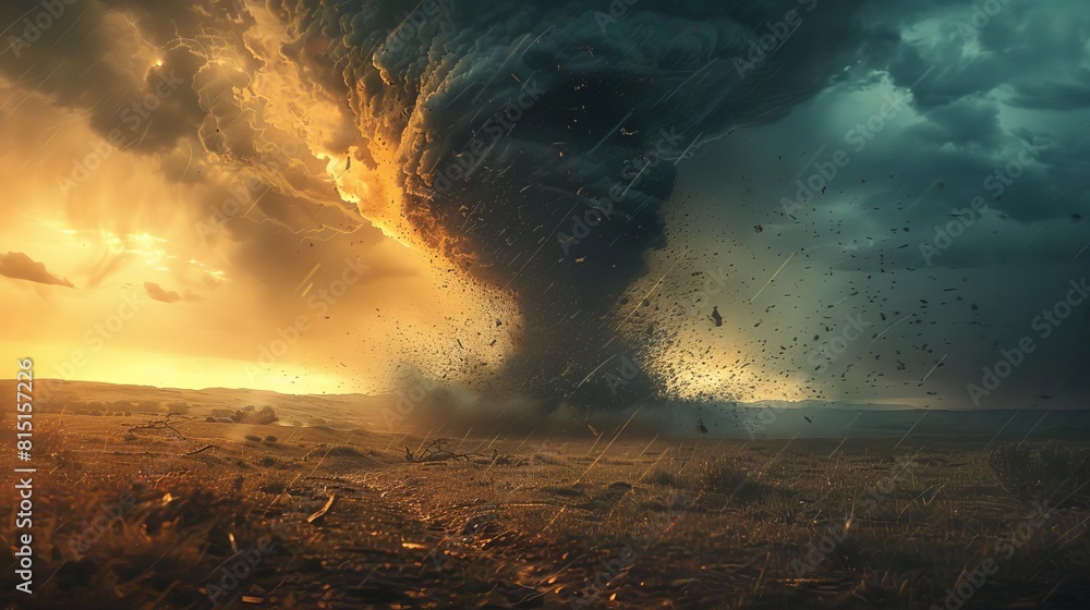 Fototapeta premium A tornado touching down over a prairie, with debris and dust swirling around its powerful core