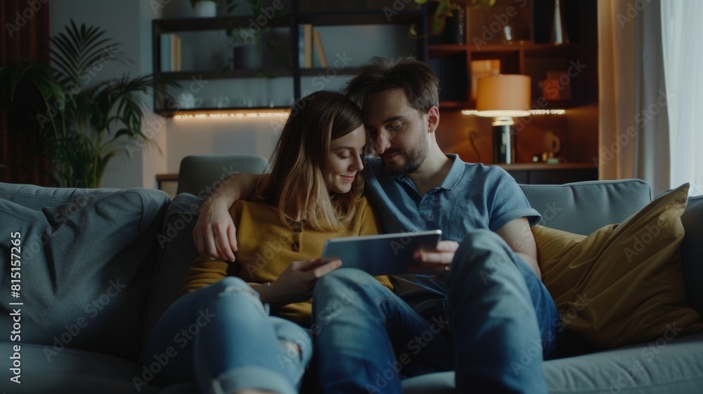 A young, happy family resting on the couch watching video or talking on video call at home using tablet PC for internet and social media. A young, happy family resting on the couch watching video or talking on video call at home using tablet PC for internet and social media.