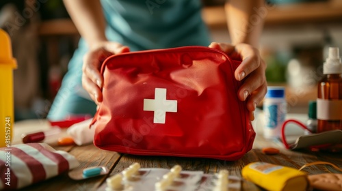 Close-up view of hands organizing a red first aid pouch on a wooden surface surrounded by various medical items.