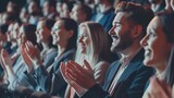 During a business conference or seminar, happy satisfied attendees applaud joyfully. A side-view portrait of smiling men and women gives a panoramic view.