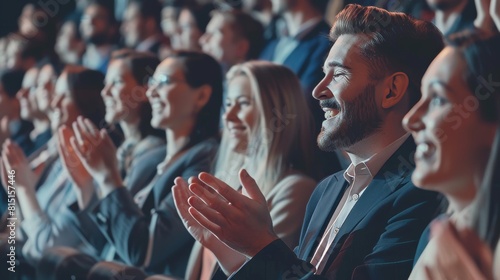 During a business conference or seminar, happy satisfied attendees applaud joyfully. A side-view portrait of smiling men and women gives a panoramic view.