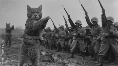 humanoid Cat Army againts germans, active fight, 1945, Old photo --ar 16:9 Job ID: a838d569-68c3-4c83-9b62-81d530545aee