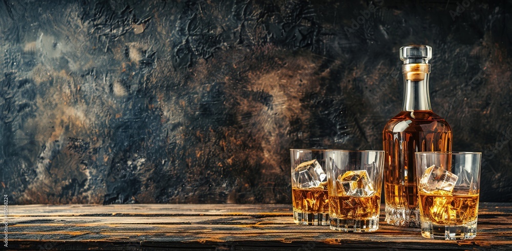 Whiskey bottle and glass with ice cubes on wooden table against dark background, copy space for text.