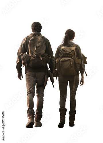 Post apocalyptic dystopian survivor man and woman couple walking away. Full view. Standing, Back rear view. Isolated transparent PNG background. Ideal for book covers, movie posters and much more. 