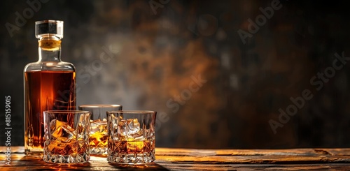 Whiskey bottle and glass with ice cubes on wooden table against dark background  copy space for text.