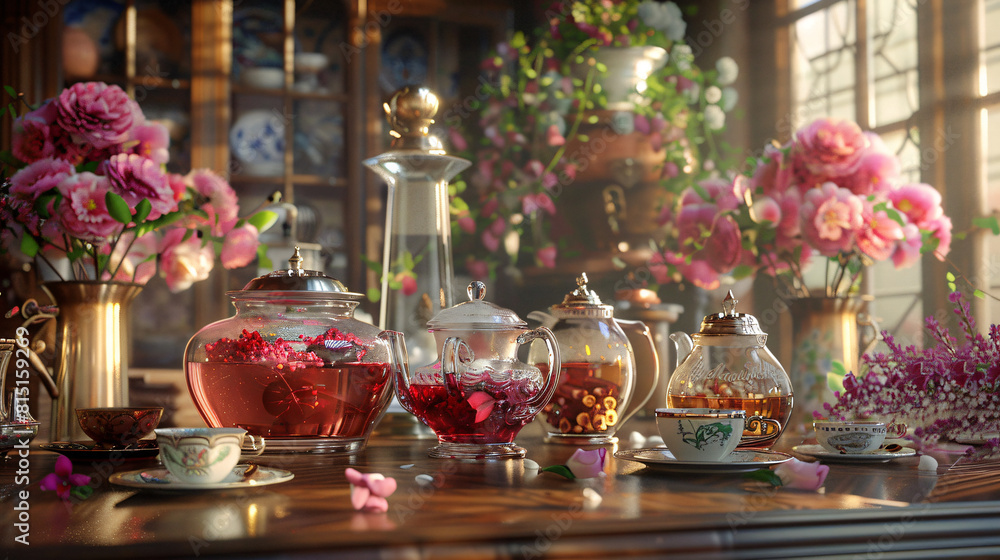 Timeless Serenity: Elegant Tea Room Elegance with Vintage Charm and Floral Accents