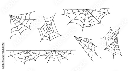 Spider webs set simple hand drawn vector outline illustration of doodle fancy Halloween scary decor elements, clipart perfect for Halloween party design, cartoon spooky character