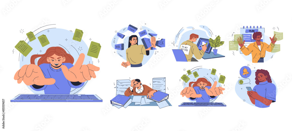Productive workflow organization concept. Scenes showing people organizing workflow managing tasks, with dynamic backgrounds. Set of modern flat vector illustrations isolated on white background Productive workflow organization concept. Scenes showing people organizing workflow managing tasks, with dynamic backgrounds. Set of modern flat vector illustrations isolated on white background