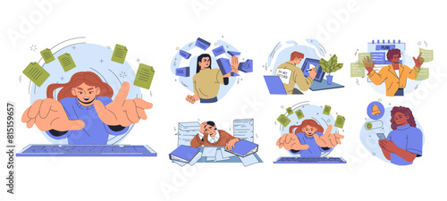 Productive workflow organization concept. Scenes showing people organizing workflow managing tasks  with dynamic backgrounds. Set of modern flat vector illustrations isolated on white background
