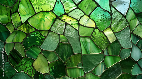 Stained glass surfaces in cool green hues as a mosaic