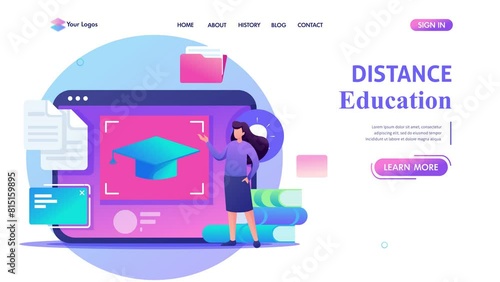 Girl stands next to the tablet screen with educational materials, distance education. Flat 2D character