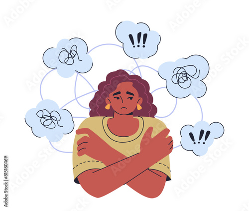 Mental heatlh concept. Woman surrounded by thought bubbles with exclamation marks and tangled lines. Concept of psychology, confusion or worry, mental health. Vector illustration isolated on white