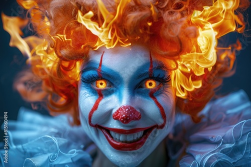 A female clown with fiery flames painted on her face, creating a striking and intense visual