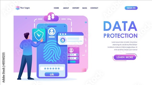 Young man with mobile phone, data protection, biometric lock. Flat 2D character. Landing page concepts and web design