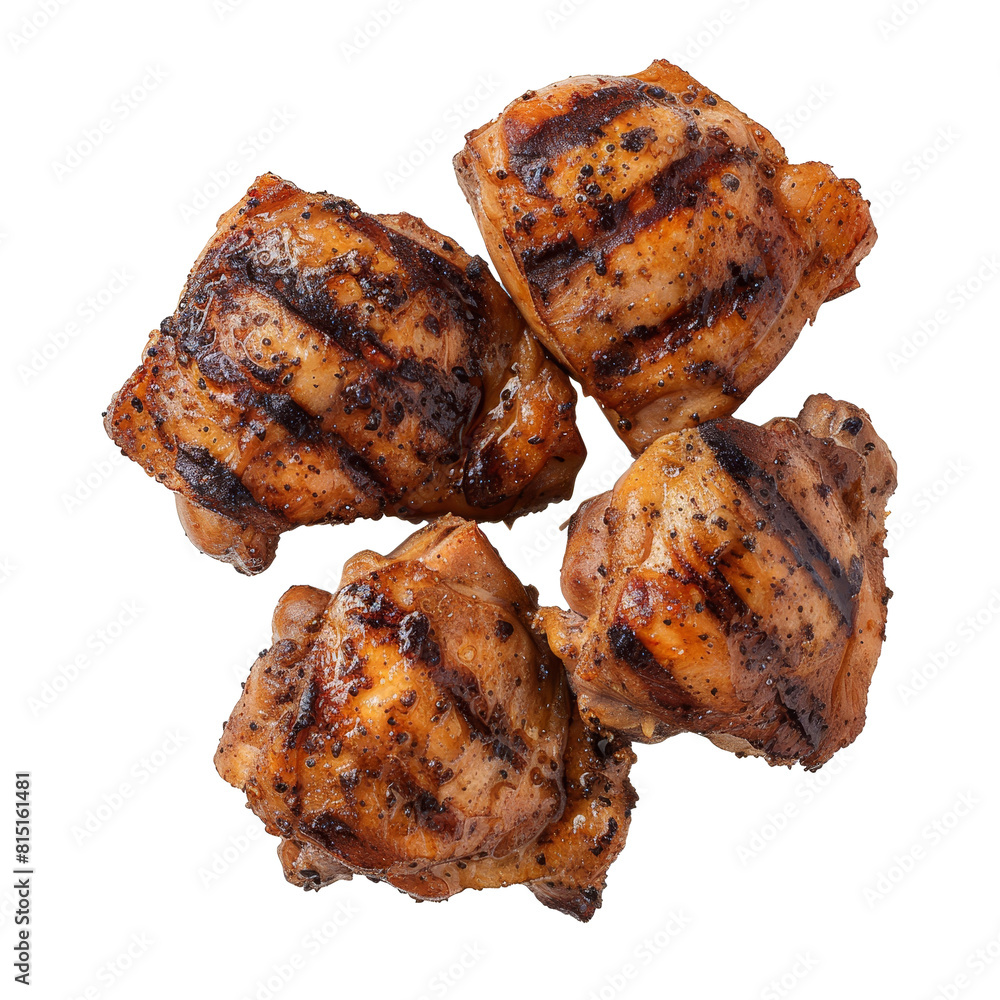 Four pieces of grilled chicken thighs arranged neatly on a Png background, Grilled chicken thighs isolated on transparent background Four pieces of grilled chicken thighs arranged neatly on a Png background, Grilled chicken thighs isolated on transparent background