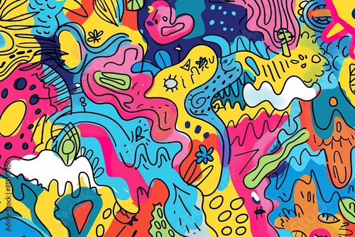 Colorful abstract doodle art with various shapes and doodles