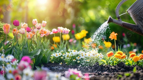 Fototapeta Naklejka Na Ścianę i Meble -  Sunlight filters through a watering can spout, showering a vibrant flowerbed with droplets.