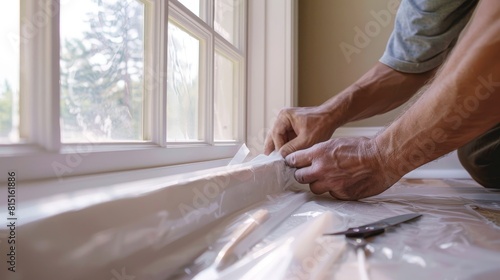 A person applying weatherstripping to drafty windows in a bright, airy room, tools and materials laid out, showing a DIY home improvement scene. photo