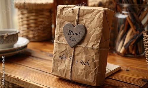 A paperback book wrapped in brown paper with a heart-shaped seal and the words 