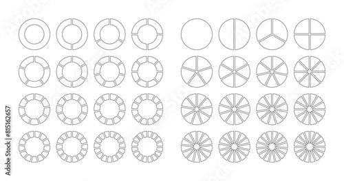 Circle and ring outline structure graph. Circle section template. Round pie diagram divided into pieces. Circular chart. Schemes with sectors. Piechart with segments and slices. Vector illustration