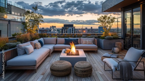 A fire pit on a rooftop deck with a view of the city skyline, creating a cozy ambiance against the urban backdrop. photo