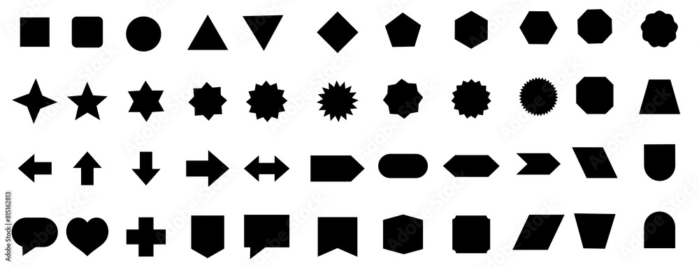 Basic shape elements with sharp and rounded edges . geometric shapes kids, black cute flat icons set. Geometric primitives vector collection.
