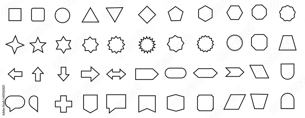 Basic geometric shapes black line cute flat icons set