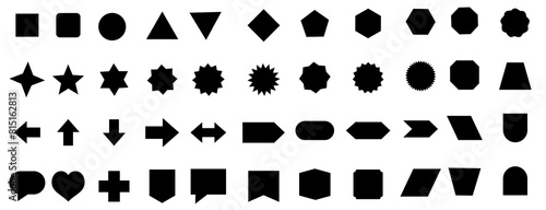 Basic shape elements with sharp and rounded edges . geometric shapes kids, black cute flat icons set. Geometric primitives vector collection.