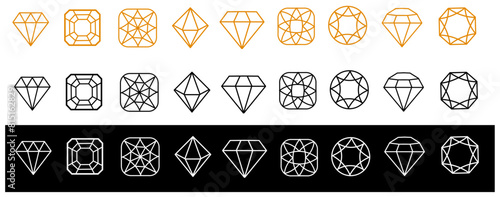 Diamond faceting thin line icon set. Gem collection of simple outline signs. Jewel symbol in linear style. Crystal, gemstone black contour icons design. Isolated on white concept vector Illustration